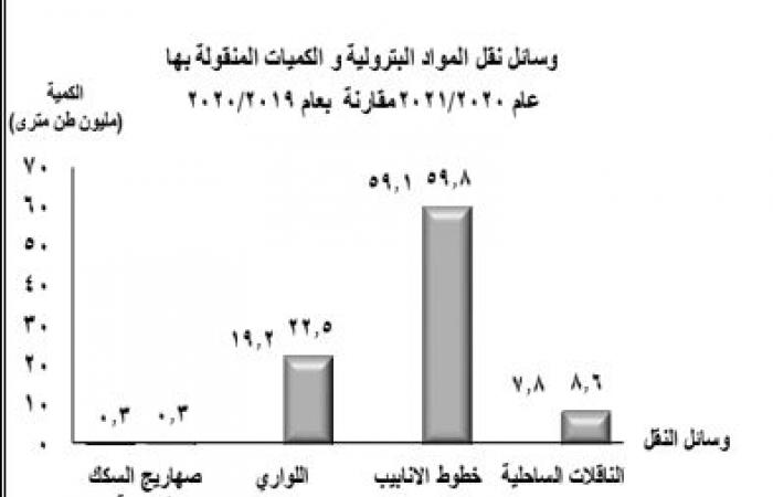 جهاز الإحصاء يكشف: ارتفاع كميات المواد البترولية المنقولة بالسوق المحلية عام 2021/2020.. 91 مليون طن مقابل 86 مليون طن عام 20/19.. ونقل 66 مليار متر مكعب غاز منها 62 مليار للسوق المحلى و4.6 مليارا للتصدير