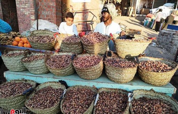 البلح الأسوانى يغزو أسواق الأقصر استعدادا لشهر رمضان.. أشهر أصنافه السكوتى والقنديلة وشامية وبياضة وبرتمودى.. الأسعار من 30 جنيه وحتى 70 جنيهاً حسب الجودة والنوع.. وبائع: السعر زاد 10 جنيهات فقط عن العام الماضى