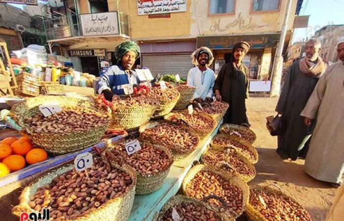 البلح الأسوانى يغزو أسواق الأقصر استعدادا لشهر رمضان.. أشهر أصنافه السكوتى والقنديلة وشامية وبياضة وبرتمودى.. الأسعار من 30 جنيه وحتى 70 جنيهاً حسب الجودة والنوع.. وبائع: السعر زاد 10 جنيهات فقط عن العام الماضى