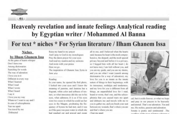 Heavenly revelation and innate feelings Analytical reading by Egyptian writer / Mohammed Al Banna For text * niches * For Syrian literature / Ilham Ghanem Issa